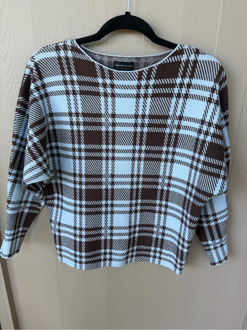 Adrienne Vittadini Plaid 3/4 Sleeve Soft Knit Sweater - Blue/Brown Sz M - Picture 3 of 5